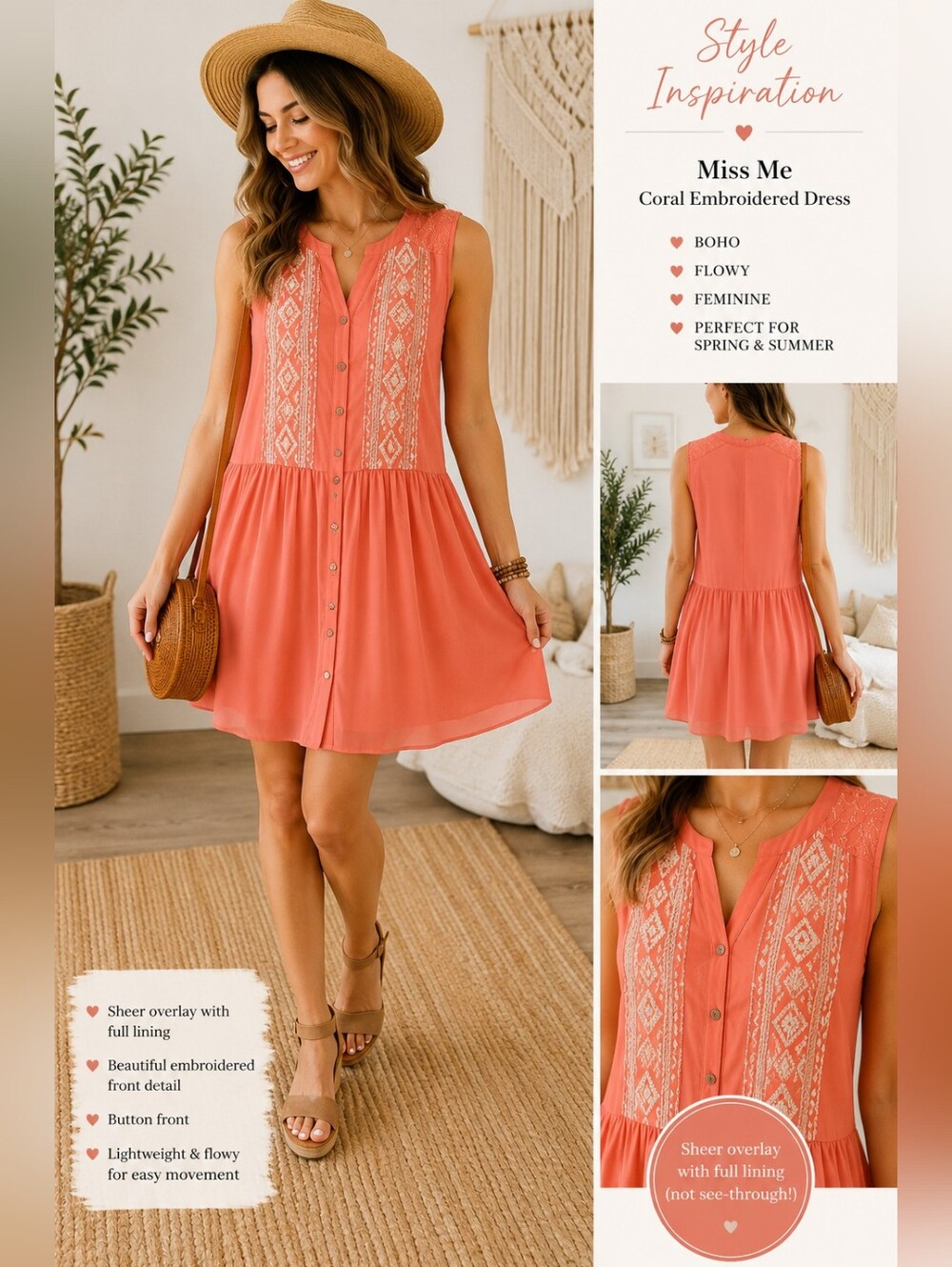 Miss Me Coral Embroidered Sleeveless Boho Dress – Size Large